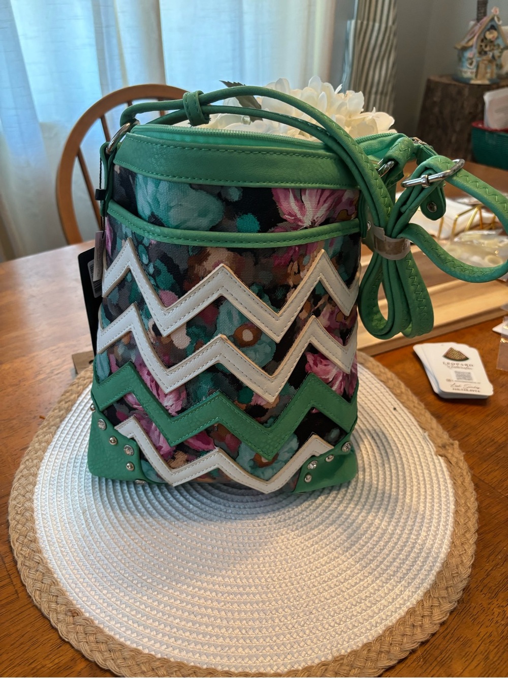 Green Floral Chevron Crossbody Bag - Unbranded